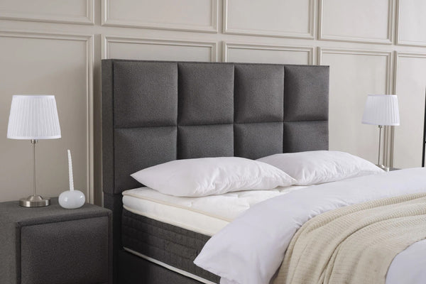 Луксозно тапицирано легло AMORE с мека табла и ортопедичен матрак, в стилна спалня.